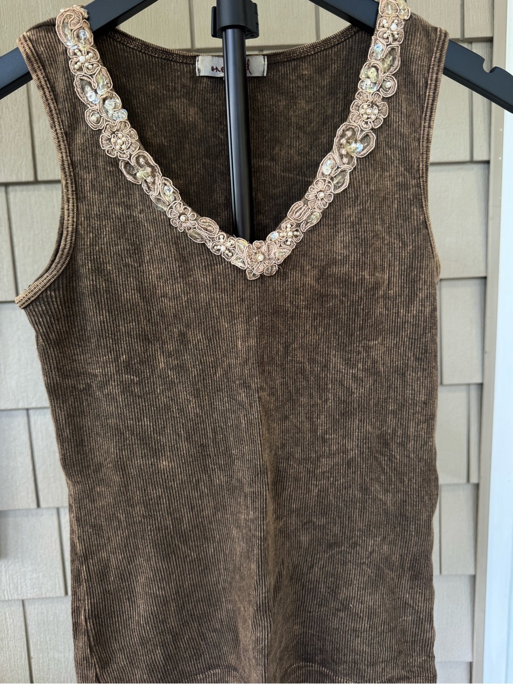 ONE WORLD Brown Ribbed V-Neck Top with Beaded Floral Trim